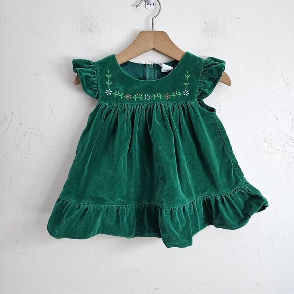 Vintage Green Velvet Toddler Dress Embroidered Flowers Ruffle Hem 90s Size 4 - Picture 1 of 7